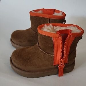 UGG Kids Classic Mini Zip Boots Brown Suede Orange Trim Toddler Girl Size 8